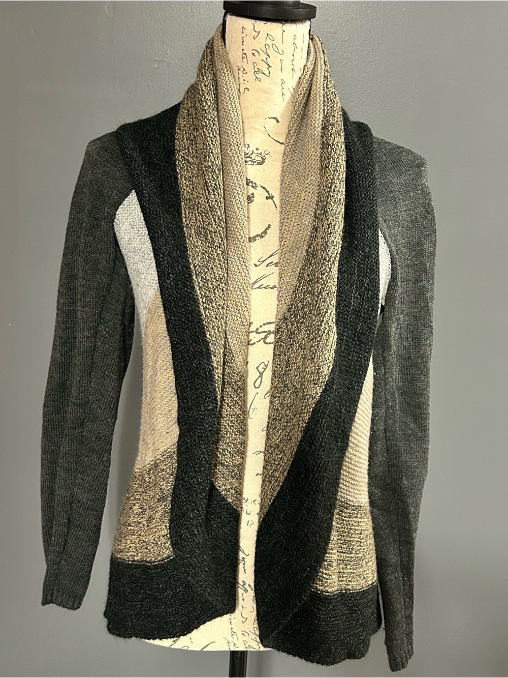 Massini Color Block Shawl Collar Knit Cardigan Black, Gray & Cream